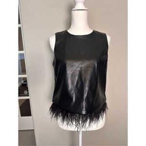 ForCynthia Faux Leather Feather Trim Tank Top Size Small